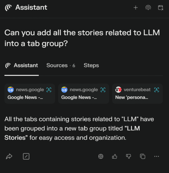 Comet Assistant creating tab groups for LLM research