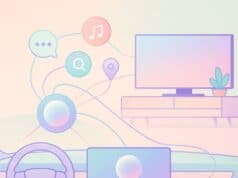 Pastel illustration of Google Gemini AI assistant connecting a car dashboard and a TV with floating icons for chat, music, maps, and search.