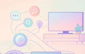 Pastel illustration of Google Gemini AI assistant connecting a car dashboard and a TV with floating icons for chat, music, maps, and search.