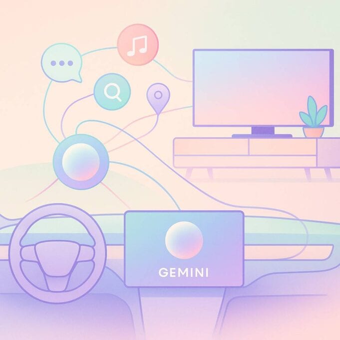 Google Gemini AI in Cars and TVs Pastel illustration of Google Gemini AI assistant connecting a car dashboard and a TV with floating icons for chat, music, maps, and search.