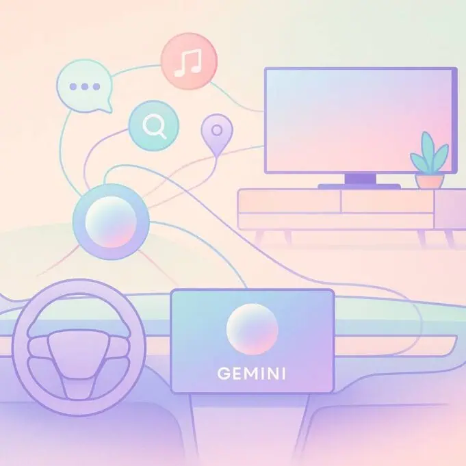 Pastel illustration of Google Gemini AI assistant connecting a car dashboard and a TV with floating icons for chat, music, maps, and search.