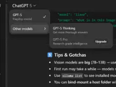 Screenshot of ChatGPT model menu showing GPT-5, GPT-5 Thinking, and GPT-5 Pro options.