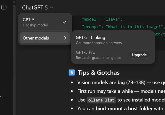 Screenshot of ChatGPT model menu showing GPT-5, GPT-5 Thinking, and GPT-5 Pro options.