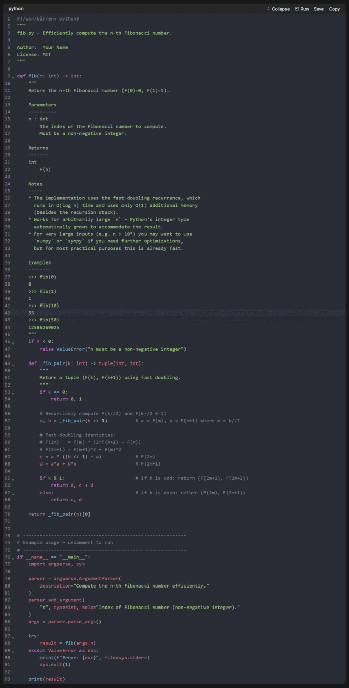 Full source code of Fibonacci function using fast-doubling with argparse interface.