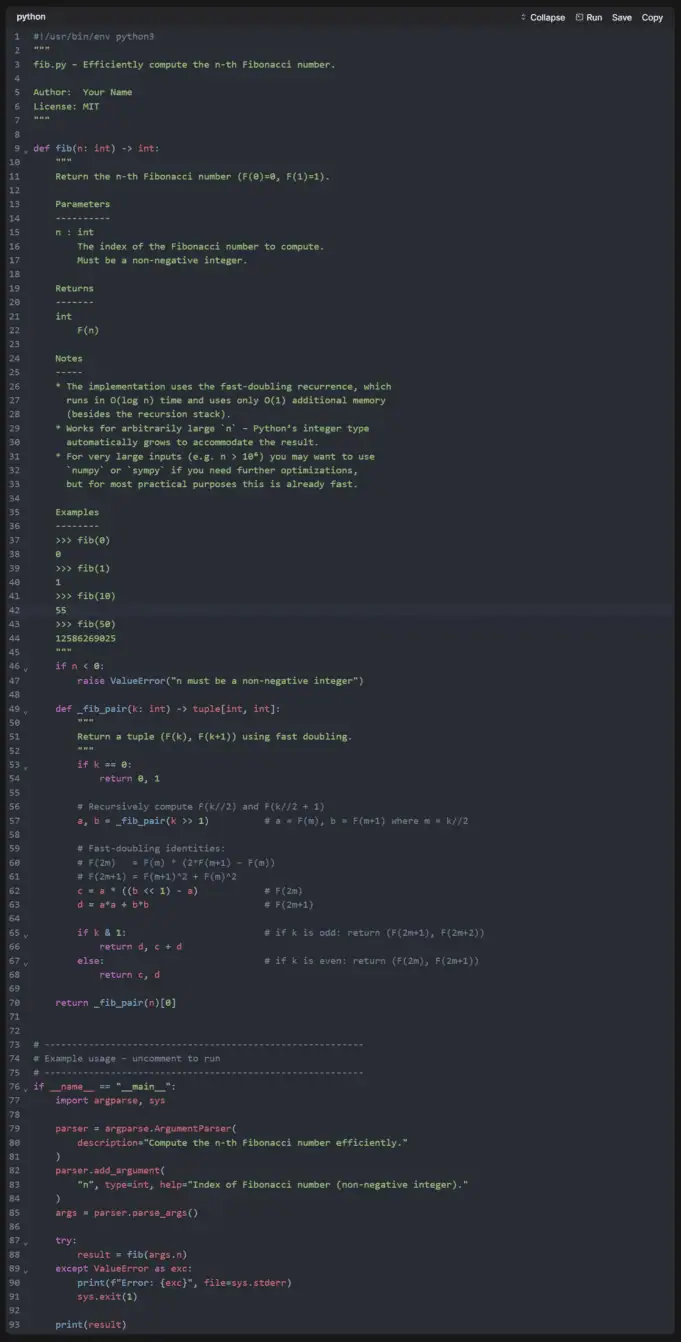 Full source code of Fibonacci function using fast-doubling with argparse interface.