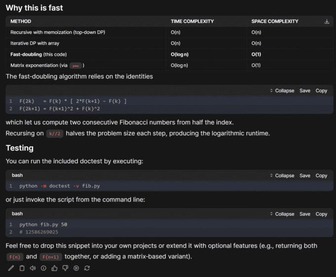 Fast-doubling Fibonacci Python function example with code explanation.