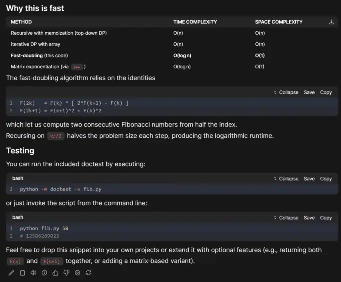 Fast-doubling Fibonacci Python function example with code explanation.