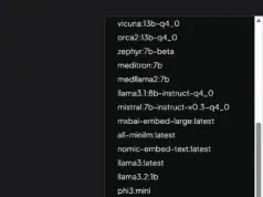 Dropdown in Open Web UI showing a long list of available LLMs (e.g. vicuna, orca2, mistral)
