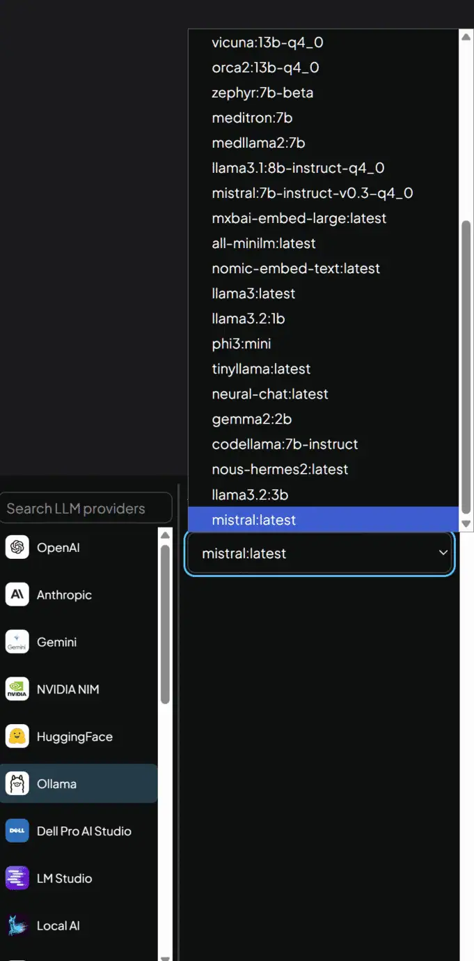 Dropdown in Open Web UI showing a long list of available LLMs (e.g. vicuna, orca2, mistral)