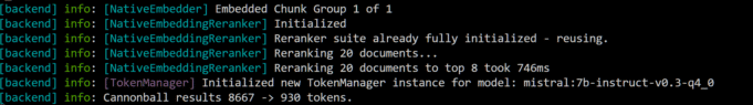 Terminal logs from AnythingLLM showing NativeEmbeddingReranker and TokenManager init