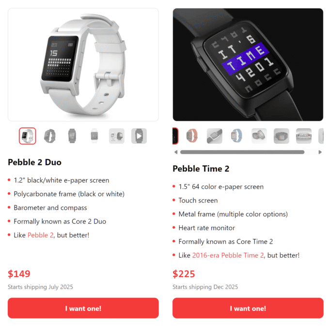 Side-by-side comparison of Pebble 2 Duo and Pebble Time 2 smartwatches with product specs and pricing.