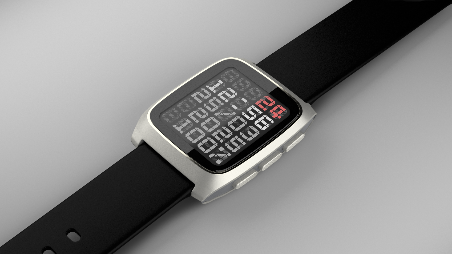Pebble Time 2 smartwatch laying flat with black strap, showing a stylized segmented digital clock interface with a red number highlight.