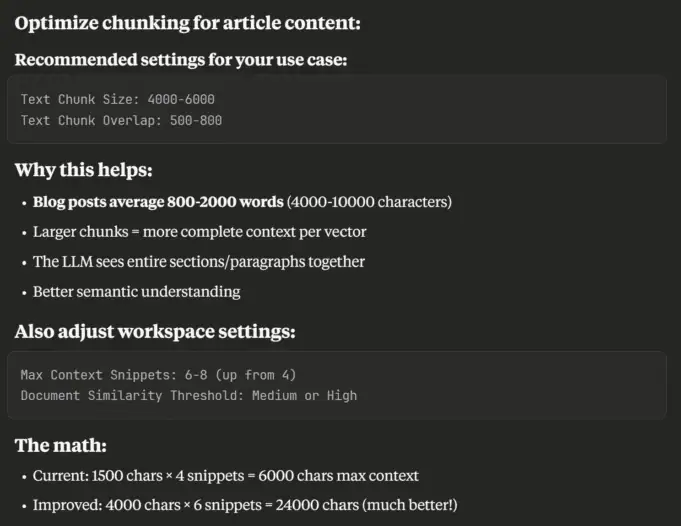 Stylized blog-post snippet showing recommended chunk-size and overlap settings for RAG