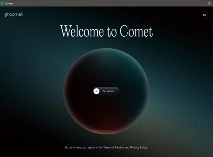 Welcome screen from Comet browser onboarding