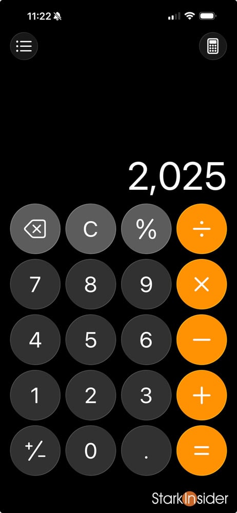 Apple iOS 26 calculator app showing 2,025 on display.