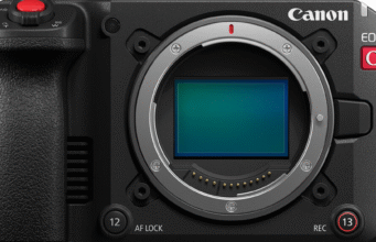 Close-up of the Canon EOS C50 cinema camera body showing its RF lens mount and full-frame CMOS sensor.