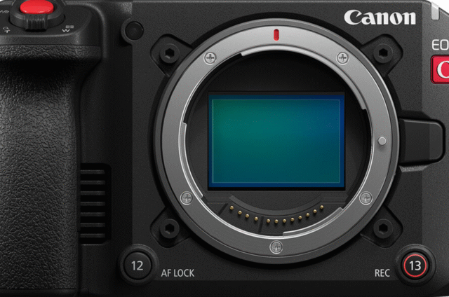 Close-up of the Canon EOS C50 cinema camera body showing its RF lens mount and full-frame CMOS sensor.