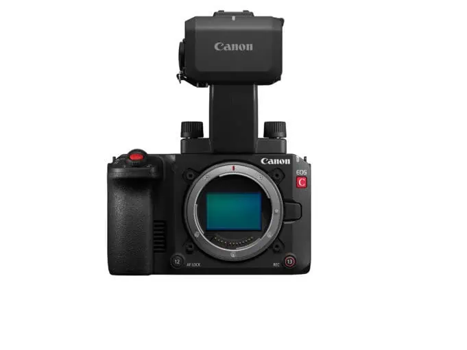 Front view of the Canon EOS C50 cinema camera with RF mount and detachable top handle attached.