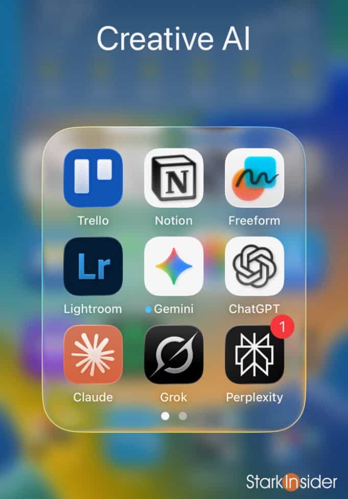 Apple iOS 26 Creative AI folder with Trello, Notion, Freeform, Lightroom, Gemini, ChatGPT, Claude, Grok, and Perplexity.