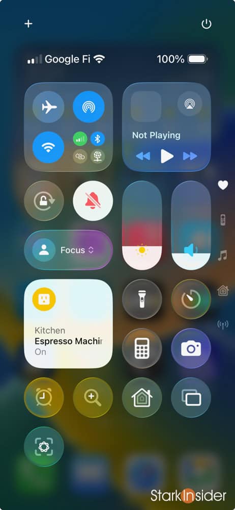 Apple iOS 26 control center showing Kitchen Espresso Machine smart plug turned on.