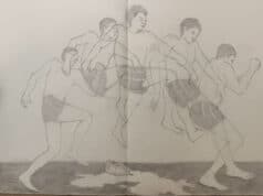 Drawing Dialogues: Jony Ive, Charlie Mackesy and Tim Marlow on the Art of Seeing A drawing of a man in motion in multiple stages, jumping over a pool of spilled milk.