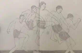 A drawing of a man in motion in multiple stages, jumping over a pool of spilled milk.