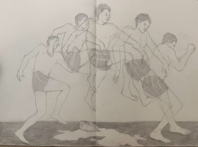 A drawing of a man in motion in multiple stages, jumping over a pool of spilled milk.