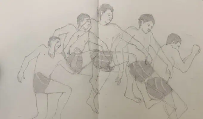 A drawing of a man in motion in multiple stages, jumping over a pool of spilled milk.
