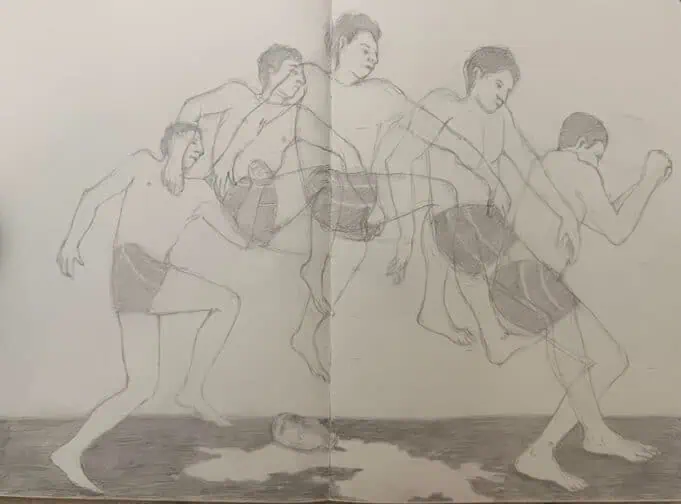 A drawing of a man in motion in multiple stages, jumping over a pool of spilled milk.