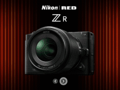 Nikon ZR cinema camera – Nikon and RED collaboration featuring full-frame body with NIKKOR Z lens against cinematic red curtain backdrop.