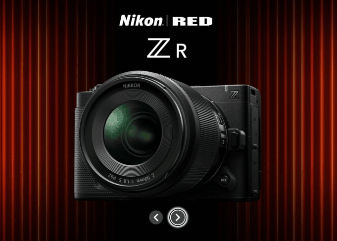 Nikon ZR Cinema Camera Launch – Nikon & RED Collaboration Nikon ZR cinema camera – Nikon and RED collaboration featuring full-frame body with NIKKOR Z lens against cinematic red curtain backdrop.