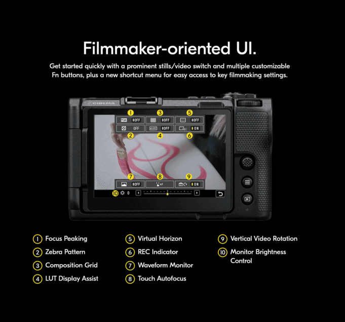 Rear touchscreen of Nikon ZR cinema camera showing filmmaker-oriented UI with focus peaking, zebra pattern, waveform monitor, LUT assist, and customizable controls.