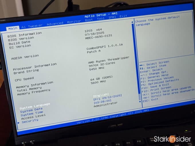 BIOS screen showing AMD Ryzen Threadripper 9970X and DDR5 memory detected.