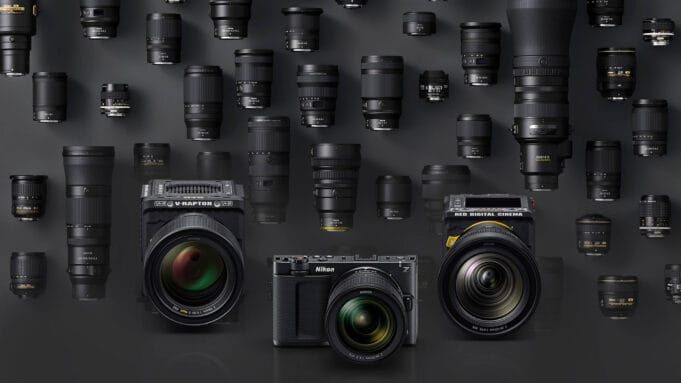 Nikon ZR and RED V-Raptor cinema cameras displayed with a wide selection of NIKKOR Z lenses, highlighting the versatility of the Z-mount system for filmmakers.