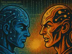 Abstract digital art of two AI figures, blue and orange, facing each other with glowing circuitry and faint Matrix-style code in the background.