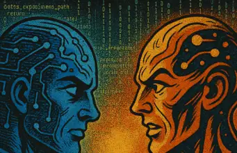 Abstract digital art of two AI figures, blue and orange, facing each other with glowing circuitry and faint Matrix-style code in the background.
