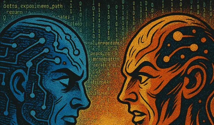 Two AIs, One Codebase: Why I Run Claude Code and Cursor Side-by-Side Abstract digital art of two AI figures, blue and orange, facing each other with glowing circuitry and faint Matrix-style code in the background.