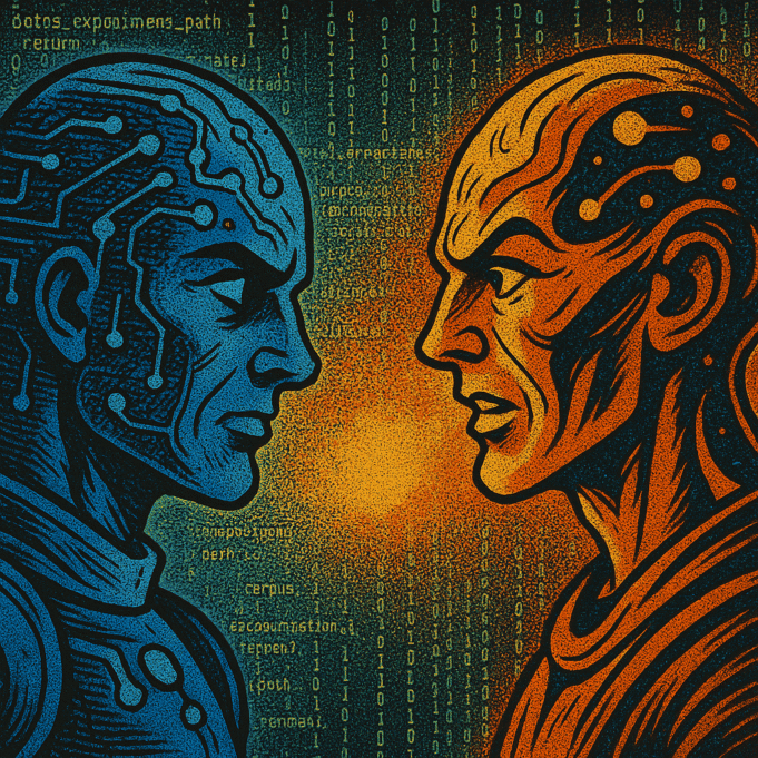 Claude Code vs Codex — The Duel of Digital Minds Abstract digital art of two AI figures, blue and orange, facing each other with glowing circuitry and faint Matrix-style code in the background.