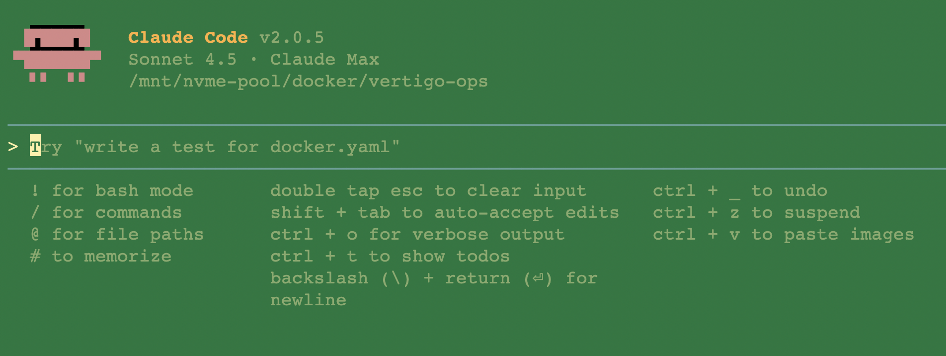 Claude Code TUI (Terminal User Interface) featuring Clawd mascot and keyboard shortcuts