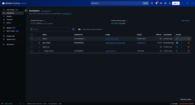 Docker Desktop UI showing running containers including ollama and open-webui.