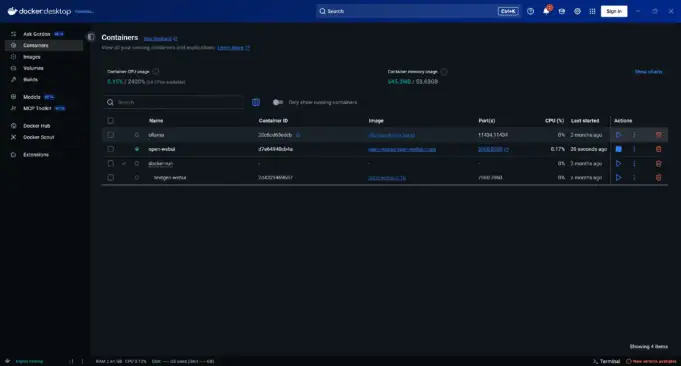 Docker Desktop UI showing running containers including ollama and open-webui.