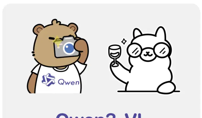 Illustration showing Qwen mascot (brown bear wearing Qwen t-shirt holding camera) celebrating with Ollama mascot (white llama with glasses holding wine glass) with "Qwen3-VL" text below