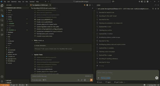 Side-by-side comparison of Claude Code and GPT-5 Codex in Visual Studio Code connected to Vertigo AI server.