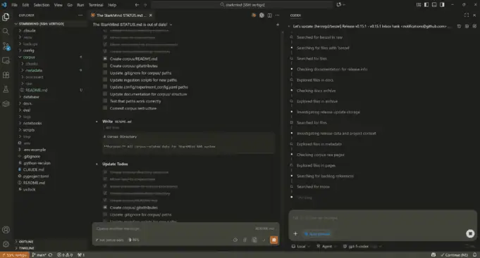 Side-by-side comparison of Claude Code and GPT-5 Codex in Visual Studio Code connected to Vertigo AI server.