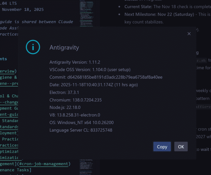 Antigravity IDE version information dialog showing version 1.11.2, VSCode OSS 1.104.0, and system details