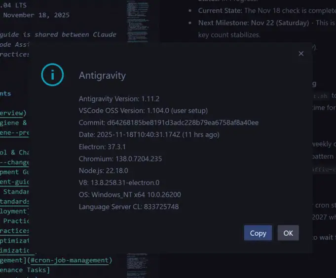Antigravity IDE version information dialog showing version 1.11.2, VSCode OSS 1.104.0, and system details