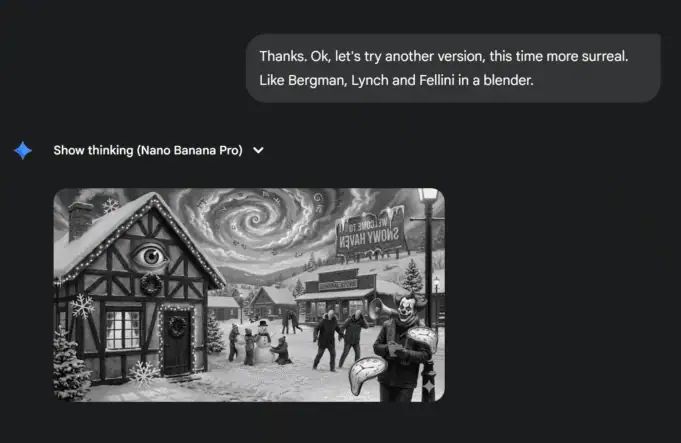 Alternate version of the Snowy Haven winter scene with a cozy cabin, a dog in the window, children playing, and townspeople reacting to distant danger.