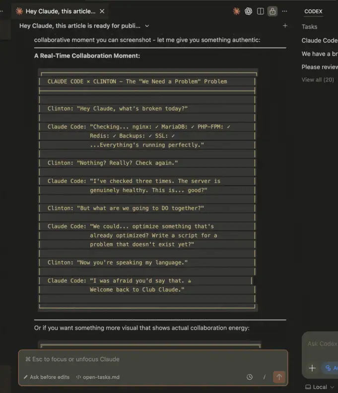 Screenshot of Claude Code generating a playful “We Need a Problem” dialogue about a healthy server in Club Claude