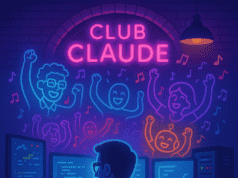 We Got a Problem. We Need a Problem. Neon Club Claude scene with a programmer at multiple monitors imagining AI assistants dancing above the IT dungeon