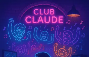 Neon Club Claude scene with a programmer at multiple monitors imagining AI assistants dancing above the IT dungeon